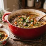 Pioneer Woman beef stew recipe in a Dutch oven with root vegetables and thick gravy