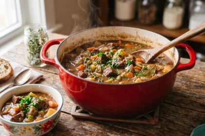 Pioneer Woman beef stew recipe in a Dutch oven with root vegetables and thick gravy