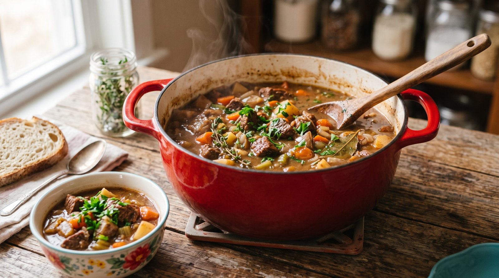 Pioneer Woman beef stew recipe in a Dutch oven with root vegetables and thick gravy