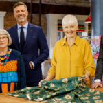 Great British Sewing Bee host Sara Pascoe with judges on set