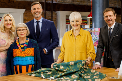 Great British Sewing Bee host Sara Pascoe with judges on set