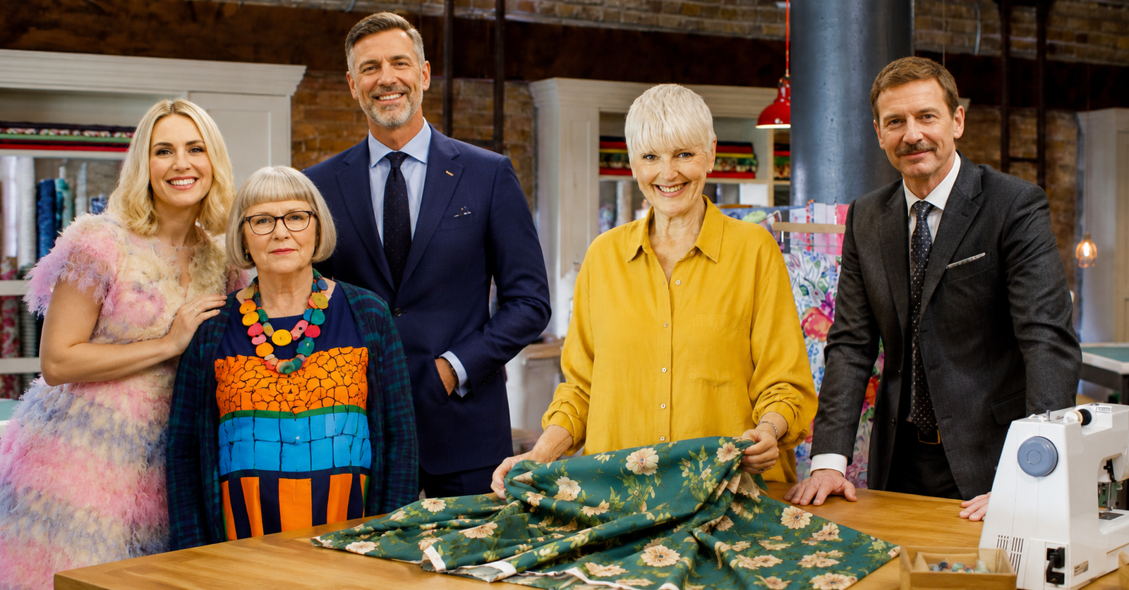 Great British Sewing Bee host Sara Pascoe with judges on set
