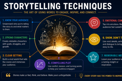 Notebook and laptop showing storytelling techniques used to draft an engaging narrative