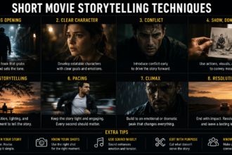 Filmmaker planning short movie storytelling techniques using a storyboard