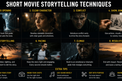 Filmmaker planning short movie storytelling techniques using a storyboard