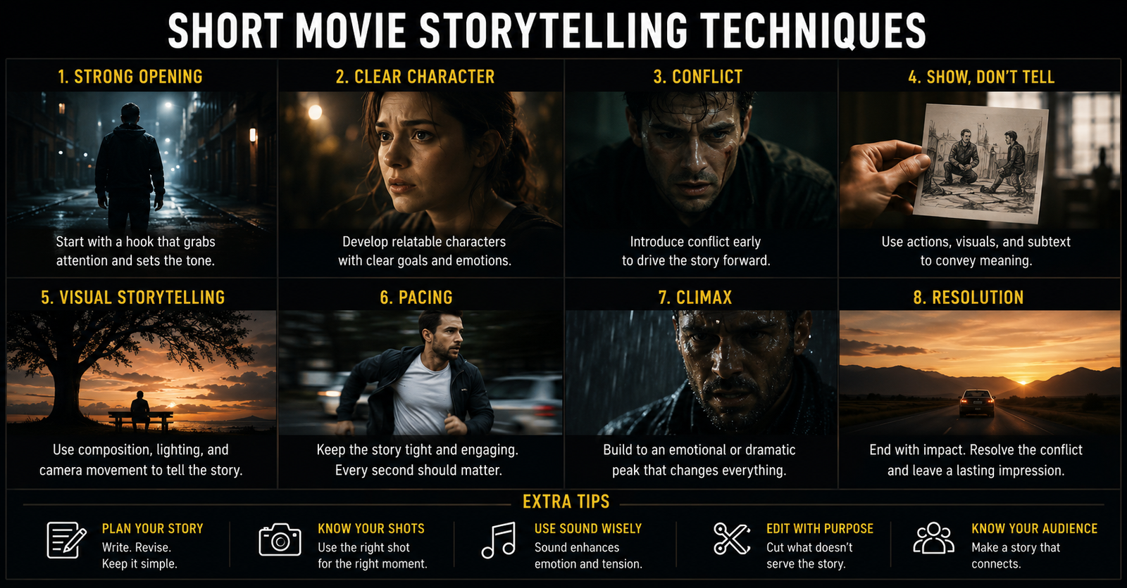 Filmmaker planning short movie storytelling techniques using a storyboard