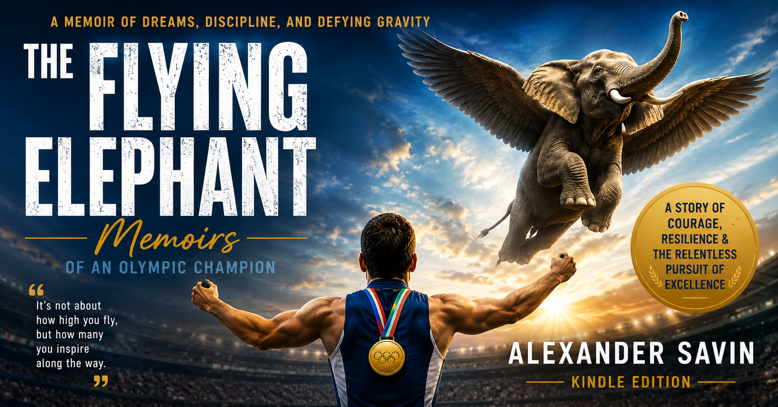 The Flying Elephant Memoirs of an Olympic Champion Kindle Edition by Alexander Savin book cover concept