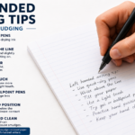 Left handed person writing in a clockwise rotated notebook to avoid ink smudging.
