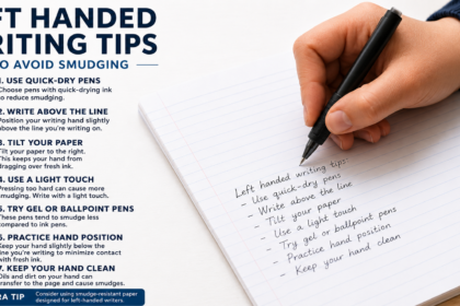 Left handed person writing in a clockwise rotated notebook to avoid ink smudging.