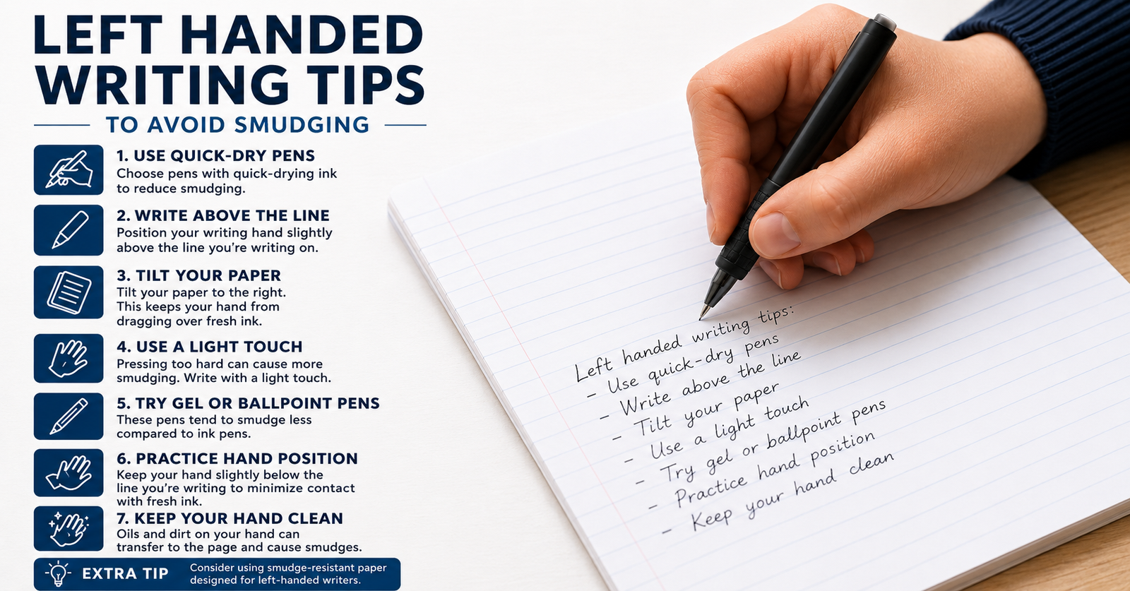 Left handed person writing in a clockwise rotated notebook to avoid ink smudging.