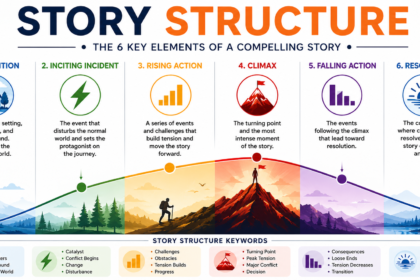 Diagram illustrating story structure with rising action, climax, and resolution stages