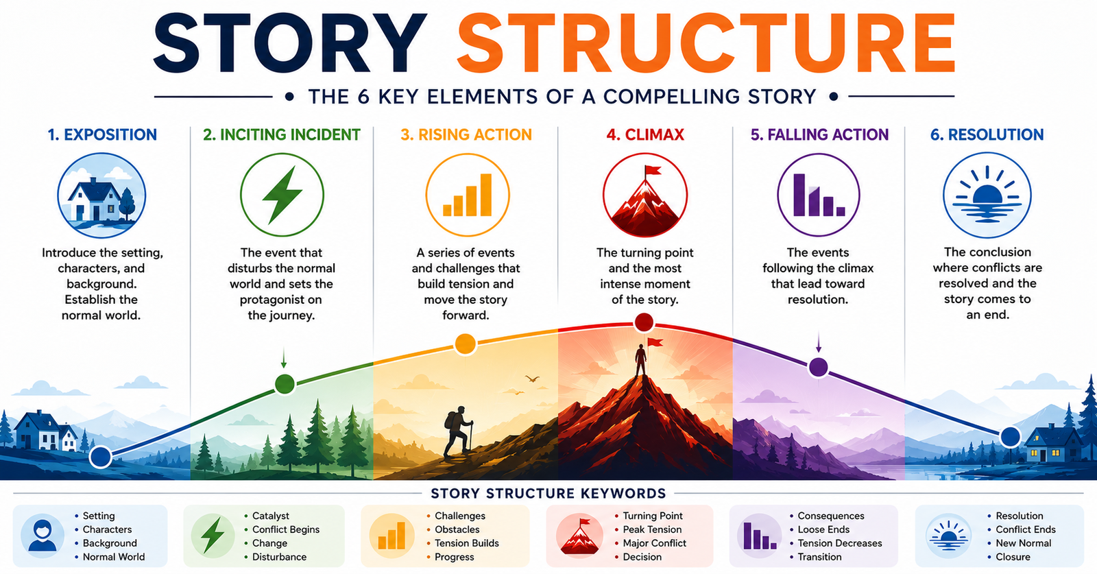 Diagram illustrating story structure with rising action, climax, and resolution stages