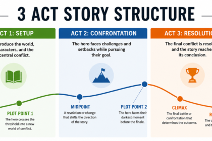 Diagram illustrating the 3 act story structure with setup, confrontation, and resolution stages