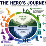 Hero's journey chart showing 12 story stages from ordinary world to return with the elixir