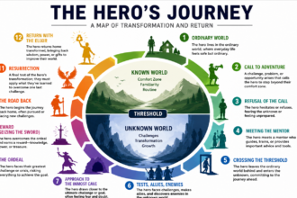 Hero's journey chart showing 12 story stages from ordinary world to return with the elixir