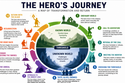 Hero's journey chart showing 12 story stages from ordinary world to return with the elixir