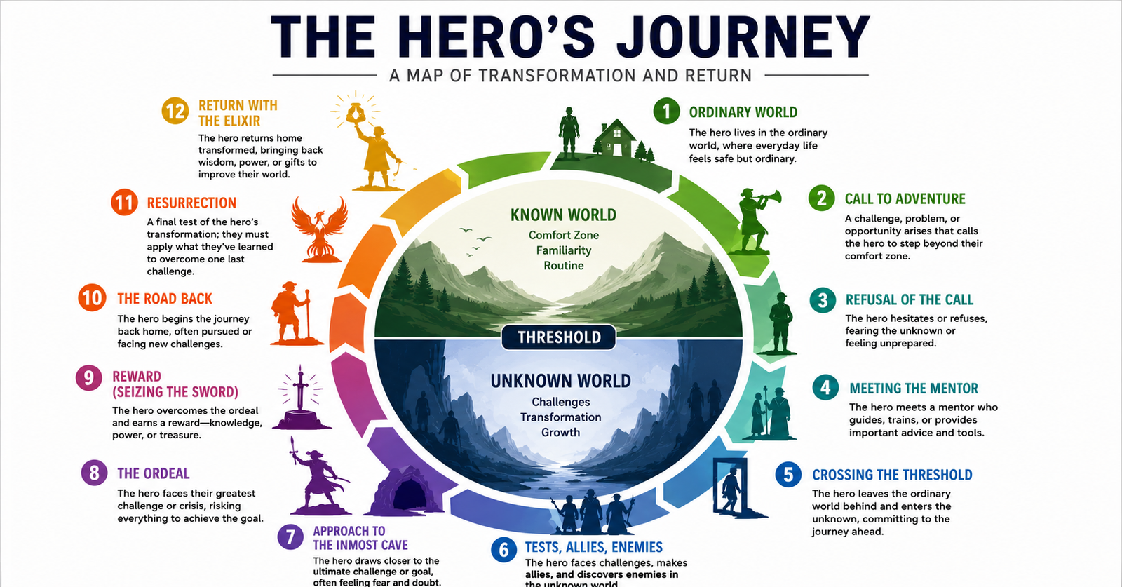 Hero's journey chart showing 12 story stages from ordinary world to return with the elixir