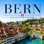 Aerial view of Bern Switzerland's medieval Old Town and Aare River