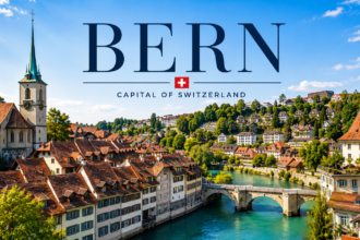 Aerial view of Bern Switzerland's medieval Old Town and Aare River