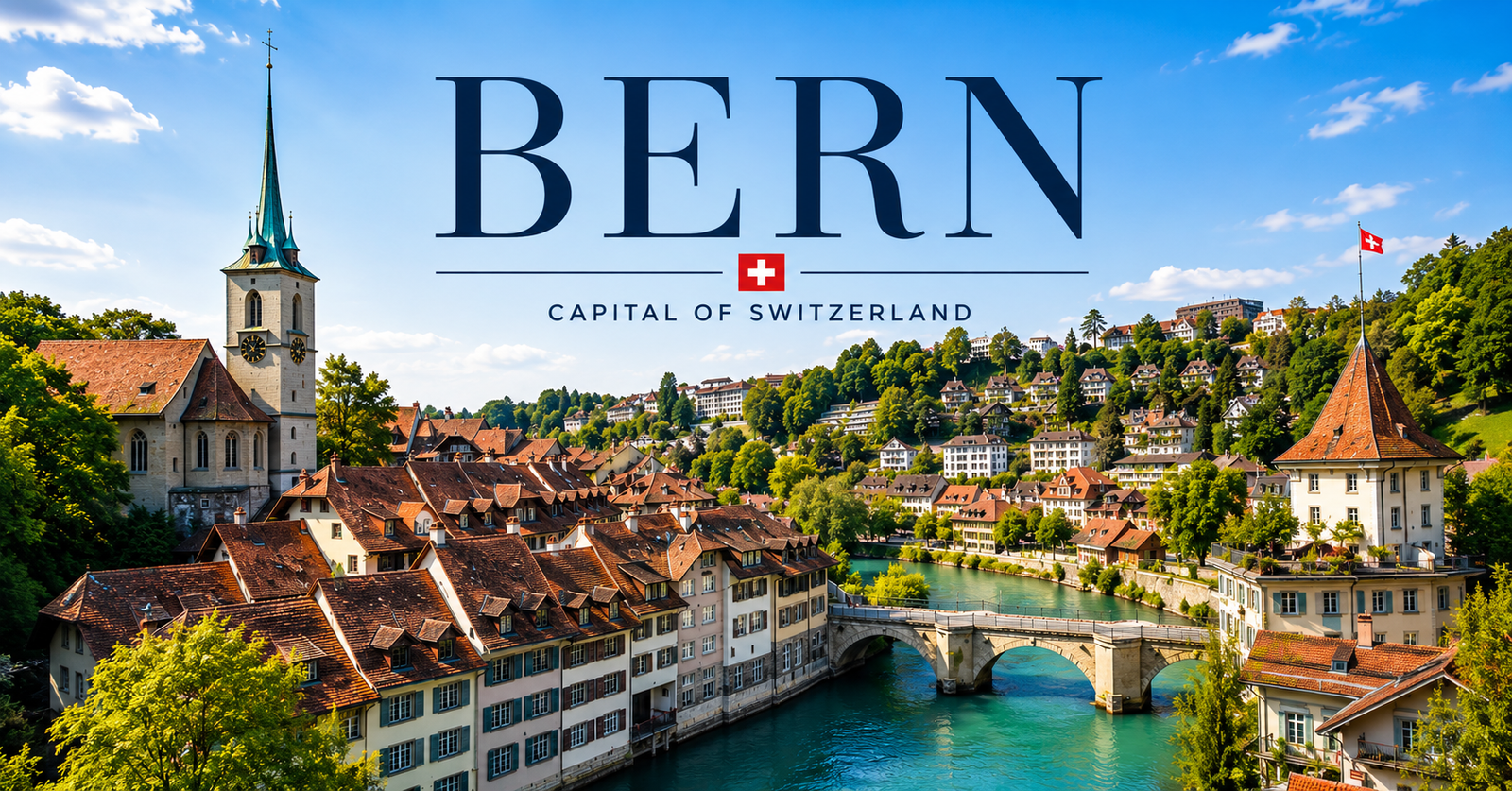 Aerial view of Bern Switzerland's medieval Old Town and Aare River