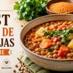 Bowl of authentic Argentine guiso de lentejas with chorizo and fresh parsley