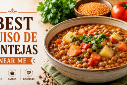 Bowl of authentic Argentine guiso de lentejas with chorizo and fresh parsley