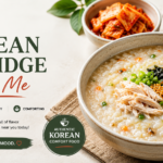 Korean porridge juk in a bowl with banchan side dishes at a Korean restaurant