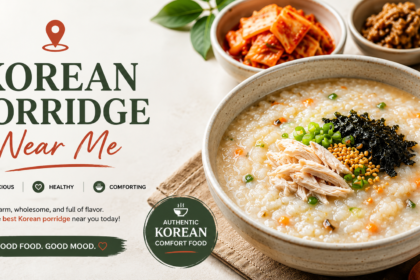 Korean porridge juk in a bowl with banchan side dishes at a Korean restaurant