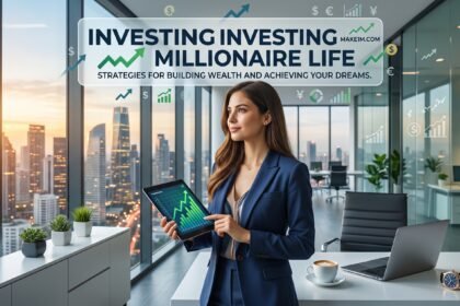 Person reviewing investment portfolio on laptop with millionaire lifestyle and financial planning concepts