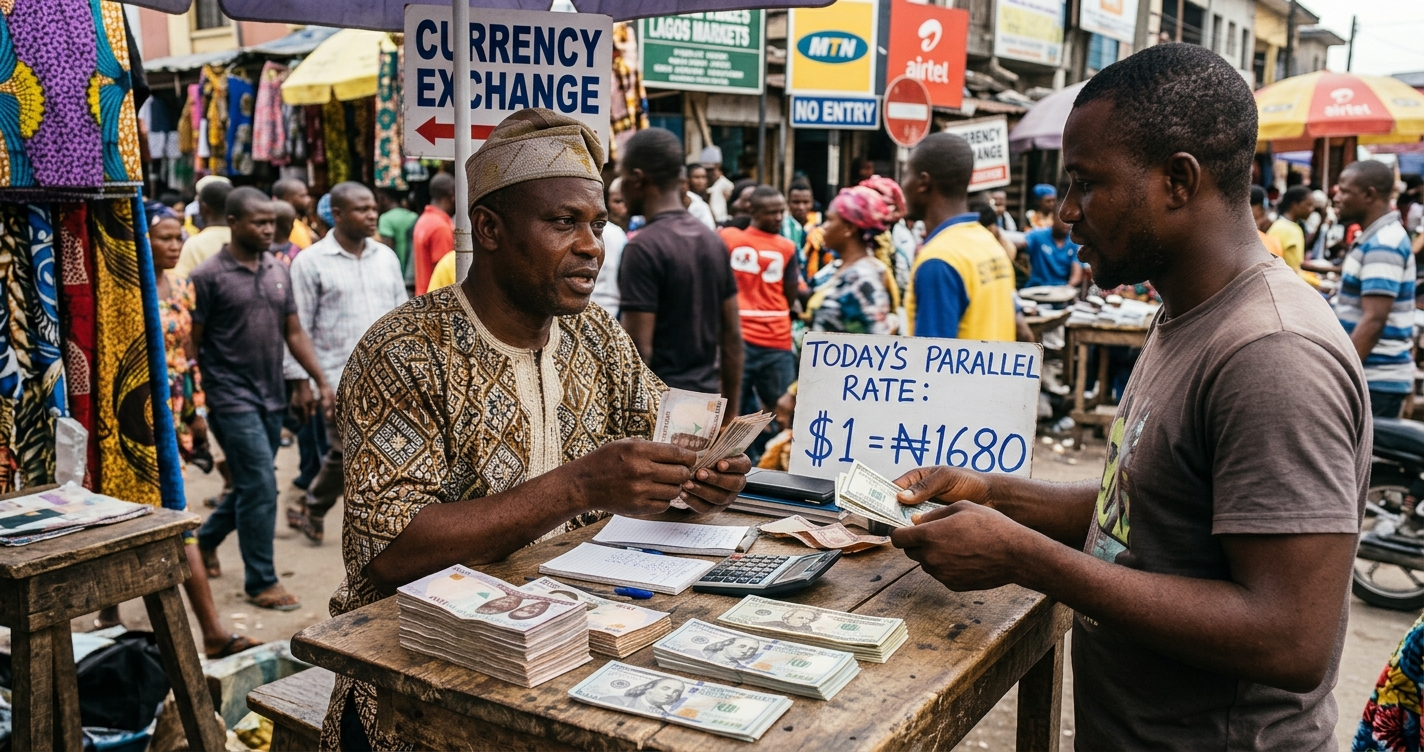 Nigerian naira and US dollar banknotes side by side representing the black market exchange rate in 2026.