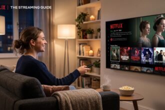 Netflix logo on a smart TV screen surrounded by popular 2026 show thumbnails