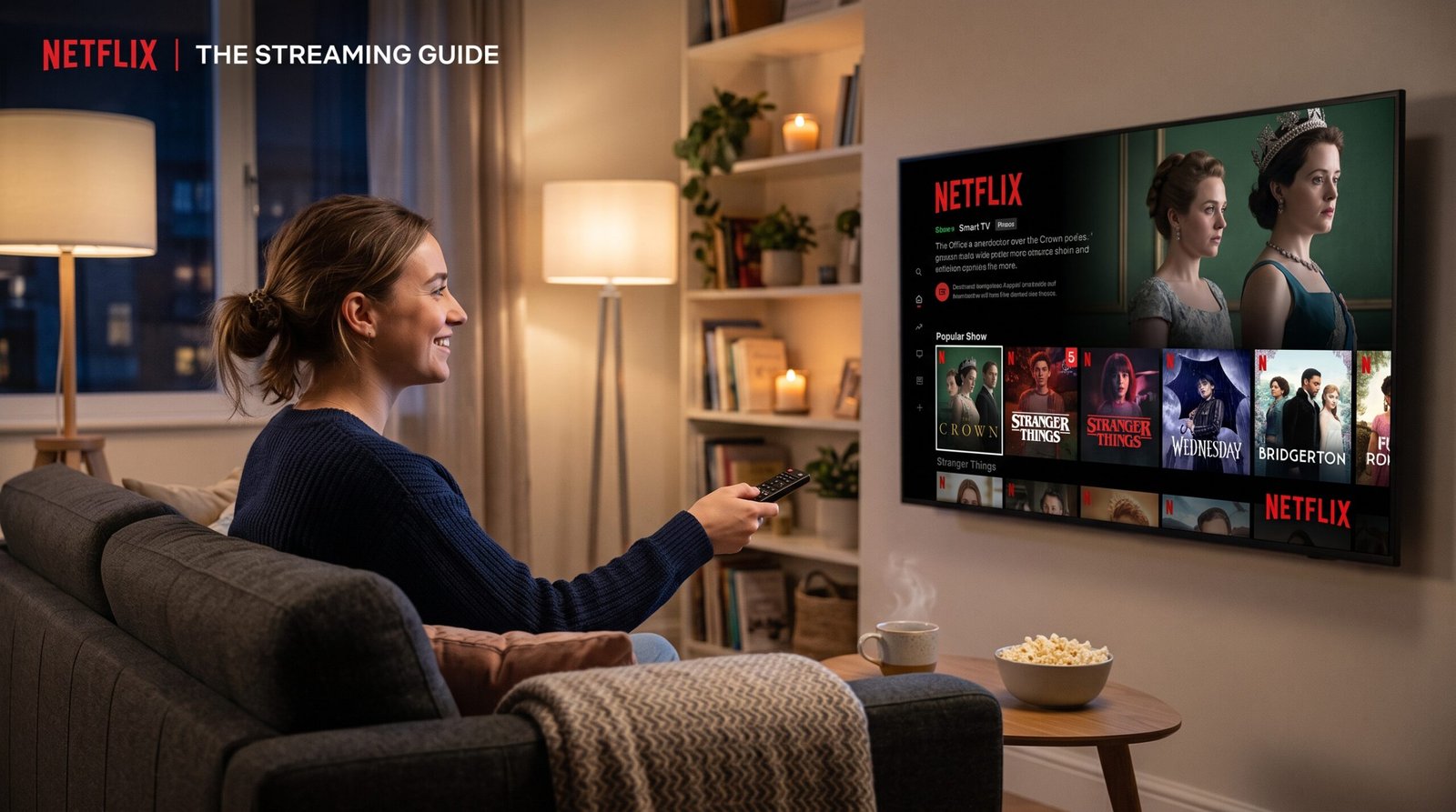 Netflix logo on a smart TV screen surrounded by popular 2026 show thumbnails