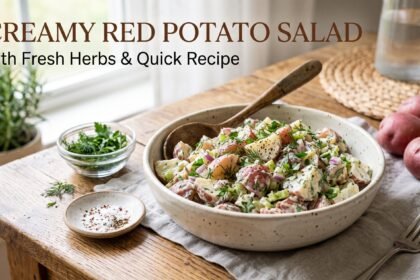Classic red potato salad recipe with creamy mustard dressing, fresh dill, and red-skinned potatoes in a white bowl