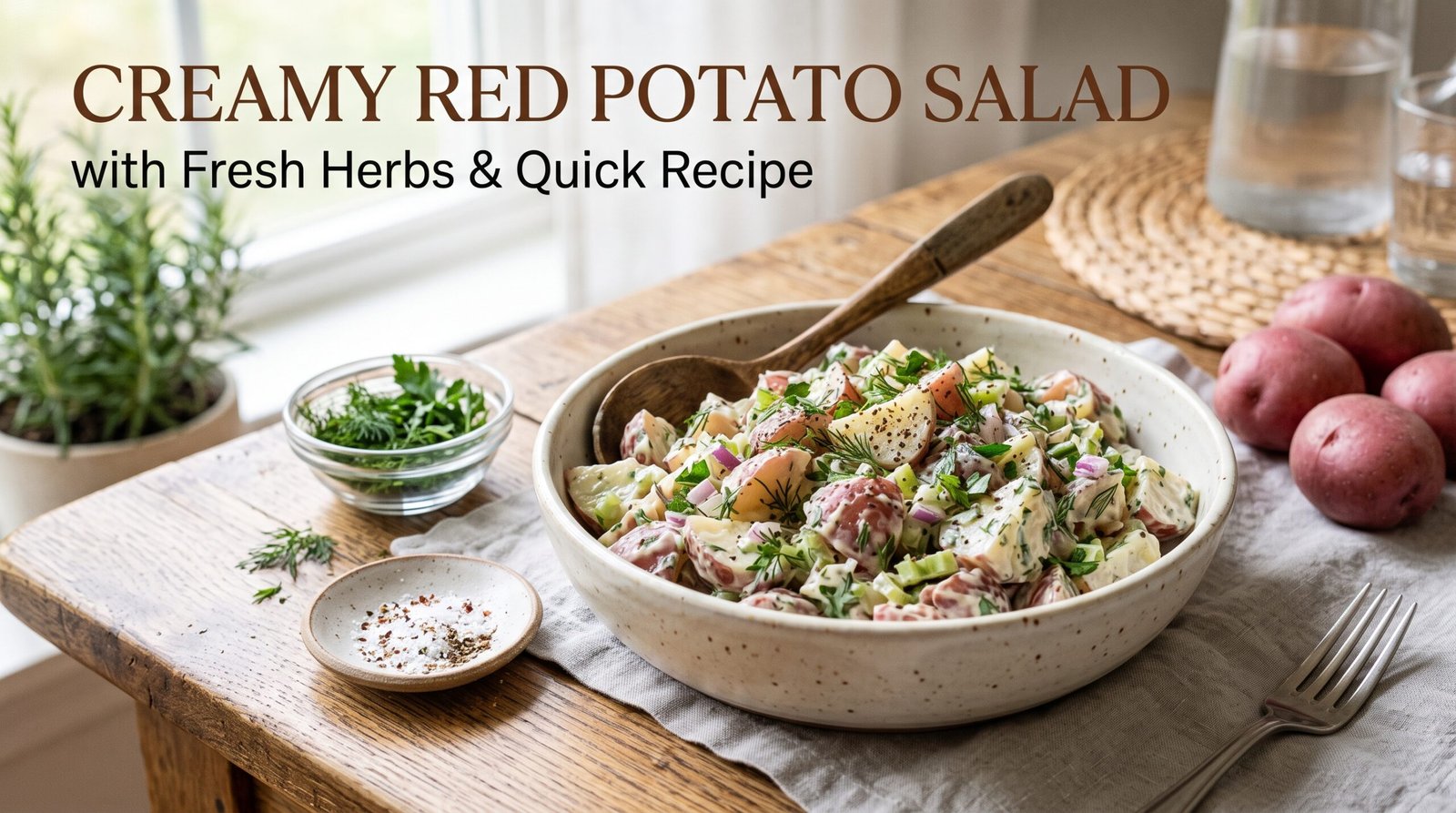 Classic red potato salad recipe with creamy mustard dressing, fresh dill, and red-skinned potatoes in a white bowl
