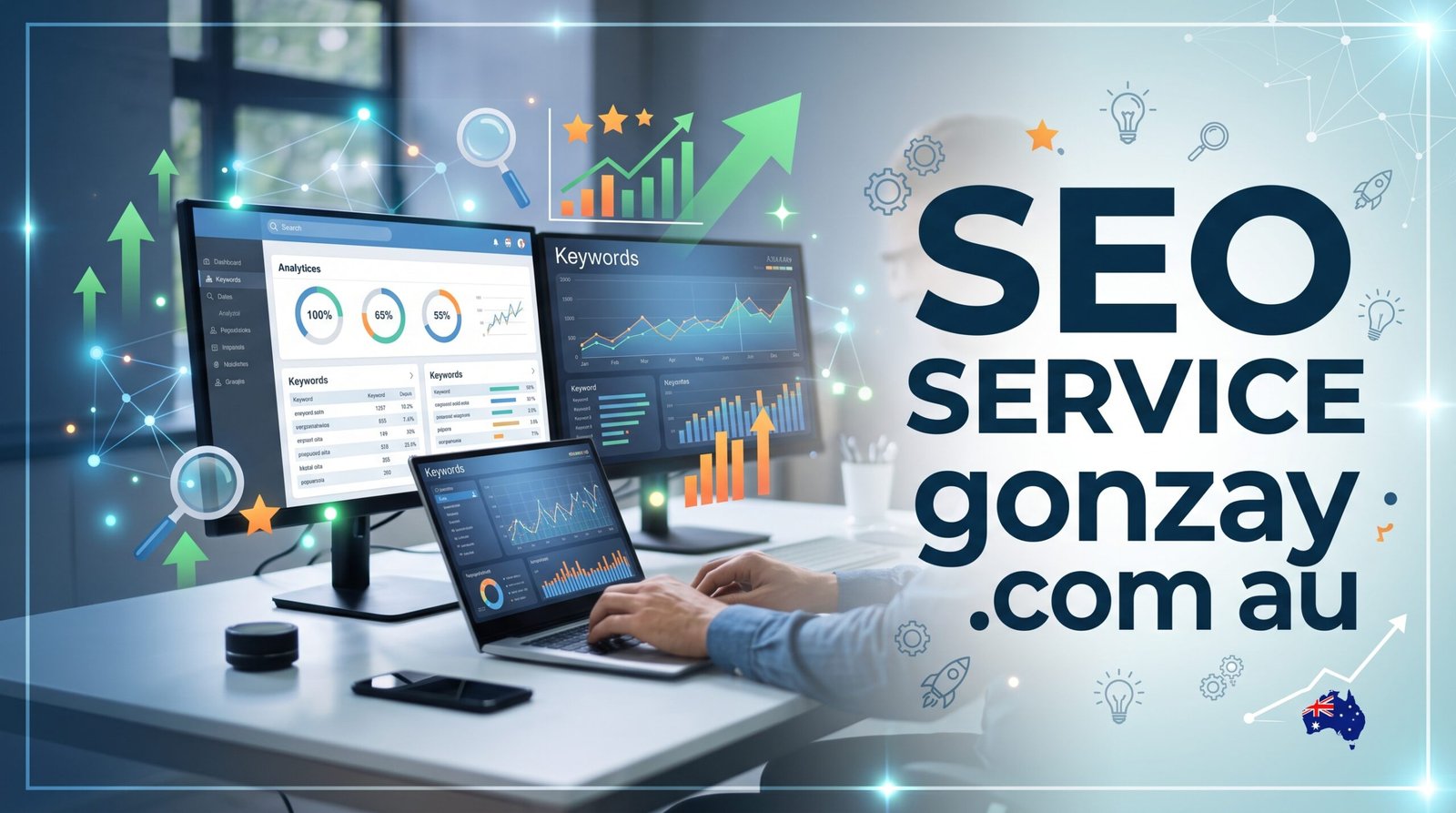 Diagram showing SEO service gonzay .com au strategy pillars including technical and local SEO.
