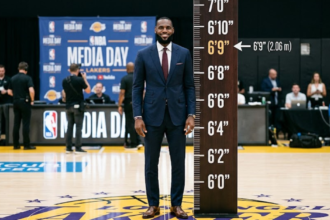 LeBron James height comparison photo showing his 6-foot-9 frame on the basketball court
