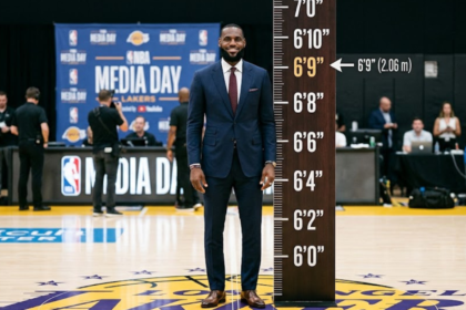 LeBron James height comparison photo showing his 6-foot-9 frame on the basketball court