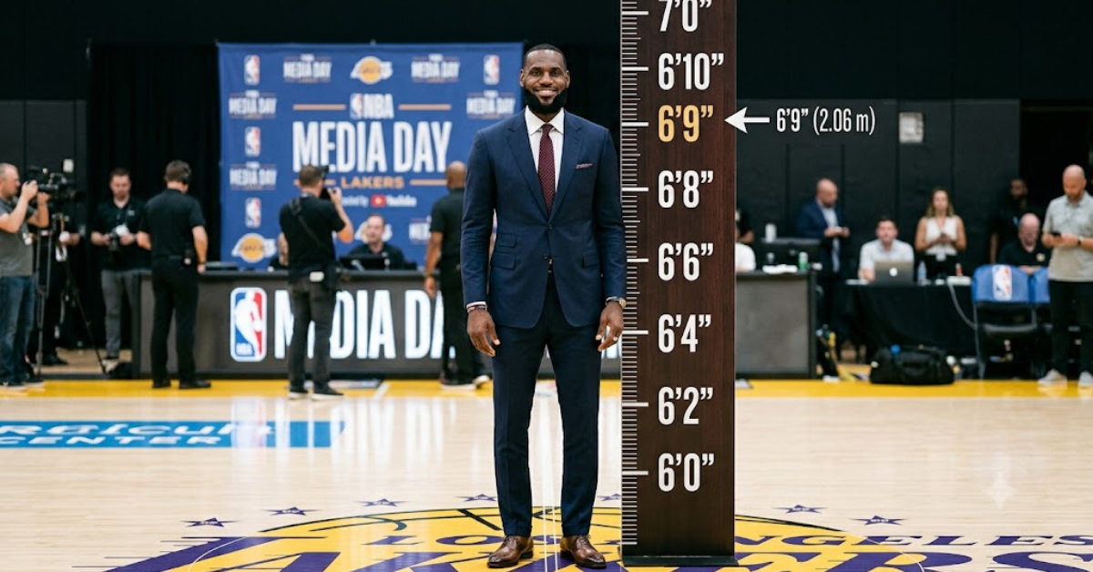 LeBron James height comparison photo showing his 6-foot-9 frame on the basketball court